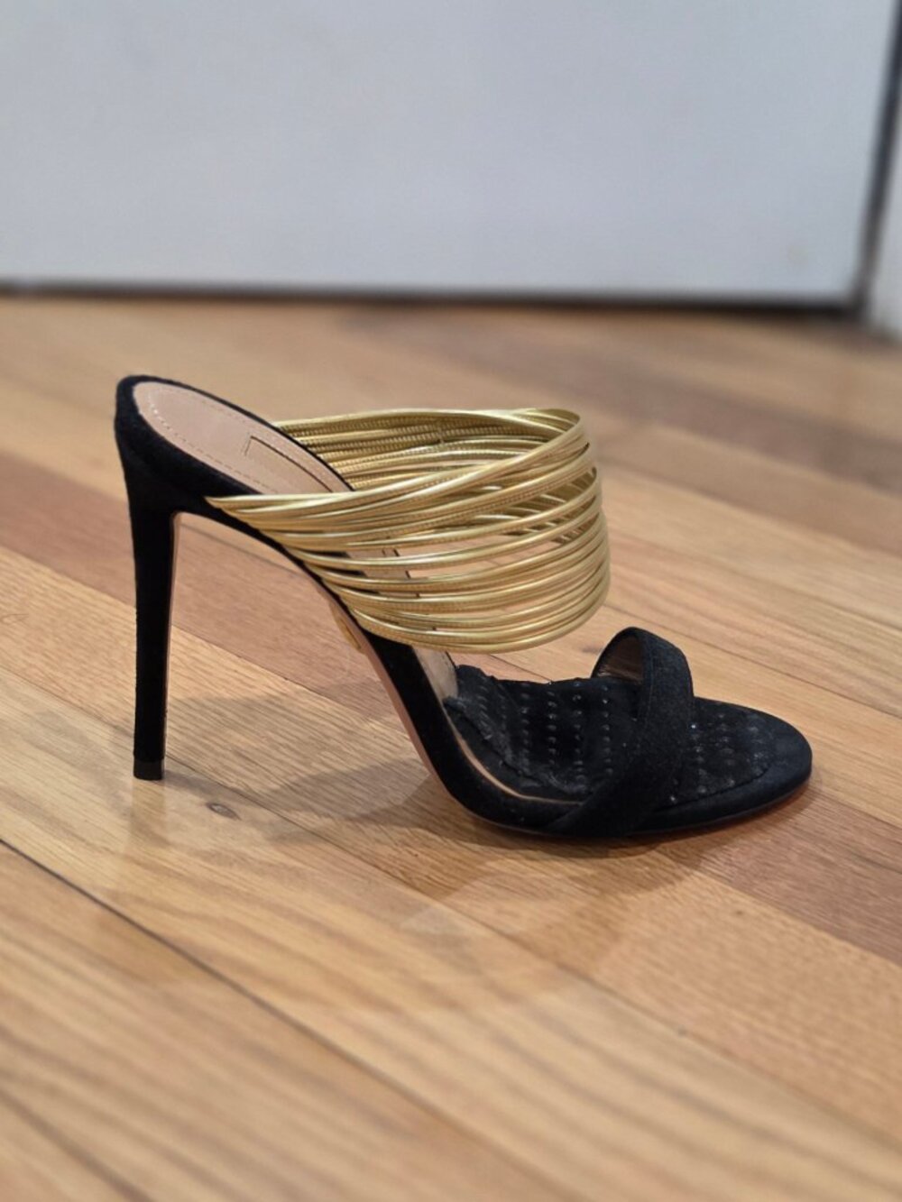 Aquazurra black heels with gold straps size 5